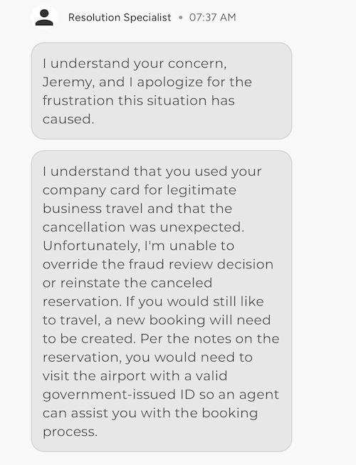 Chat conversation with a Frontier Airlines representative about the canceled ticket