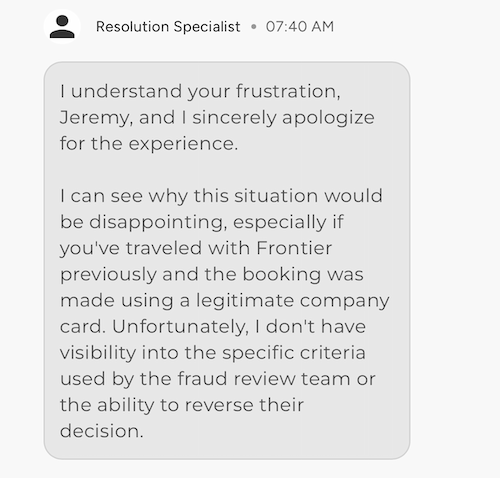Continued chat conversation with a Frontier Airlines representative about rebooking requirements