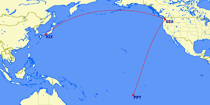 Animated route map showing Alaska Airlines' new flights from Seattle to Osaka and Papeete