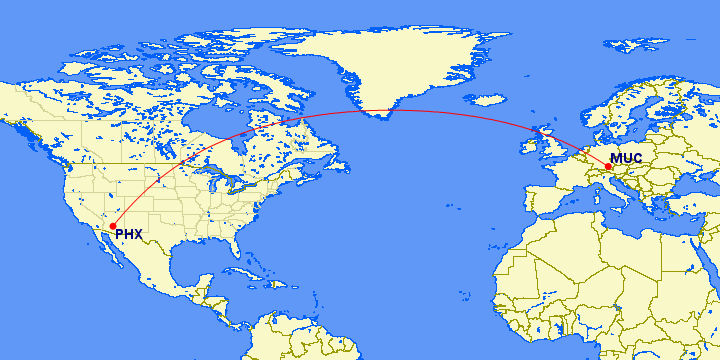 Route map showing Lufthansa's new nonstop flight between Munich and Phoenix