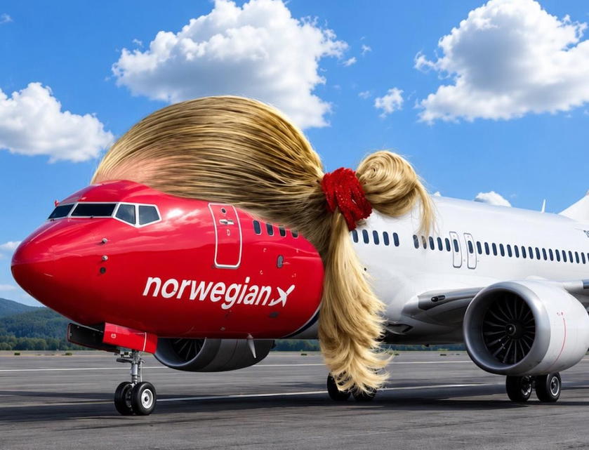Norwegian Air Shuttle social media post showing a Boeing 737 with a large ponytail attached, captioned 'we've never looked more Norwegian'