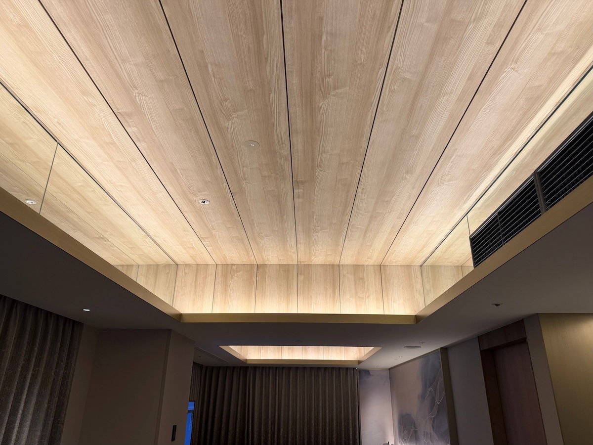 Wood paneled ceiling above the bed in the guest room