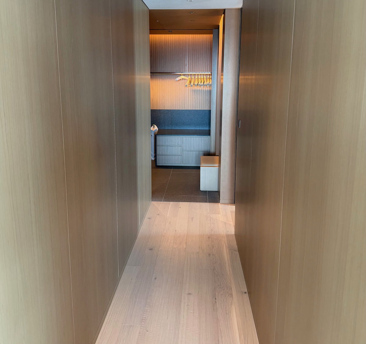 Long entryway of the premier city view room at Patina Osaka
