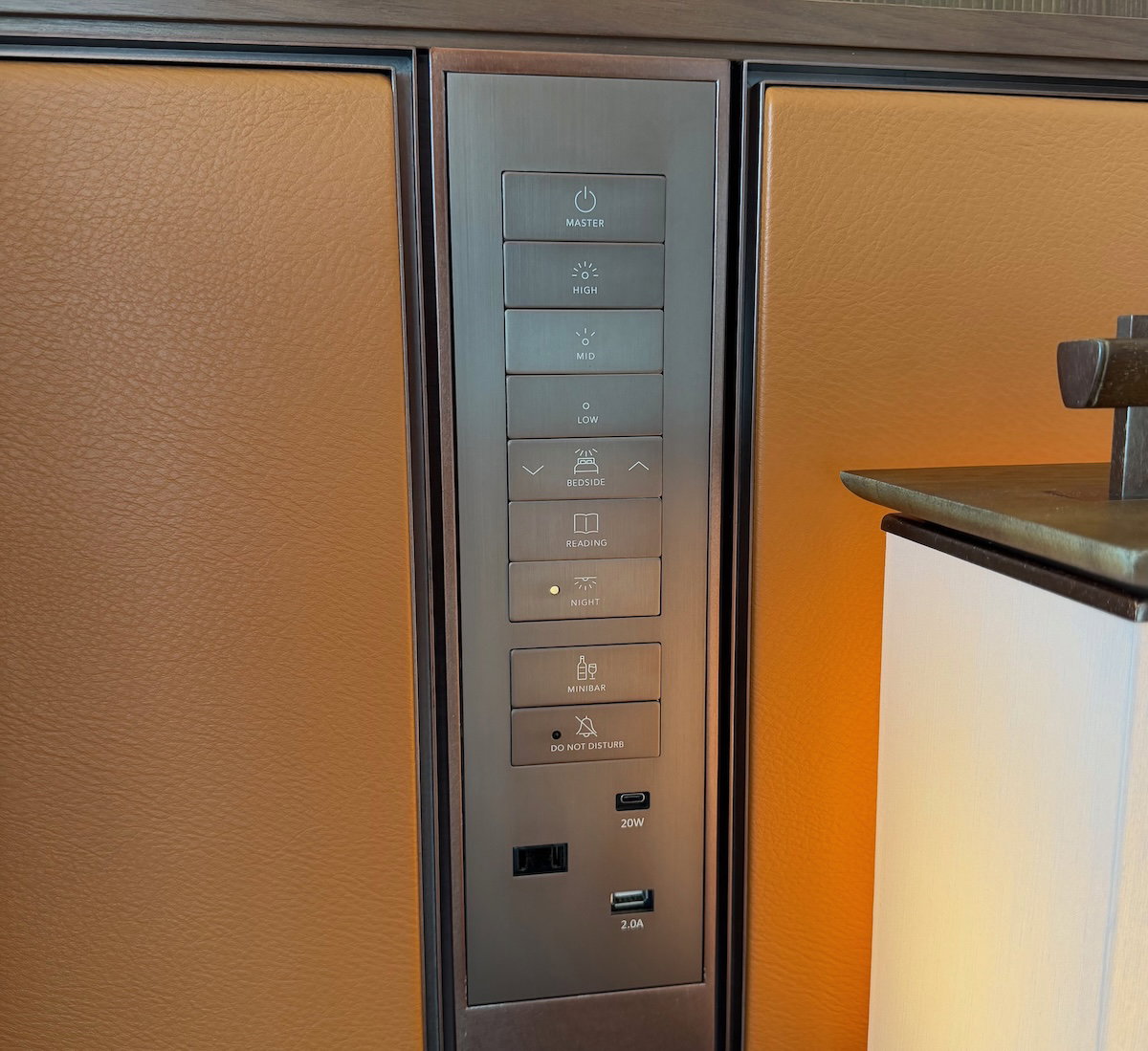 Bedside lighting controls and USB outlets at Patina Osaka