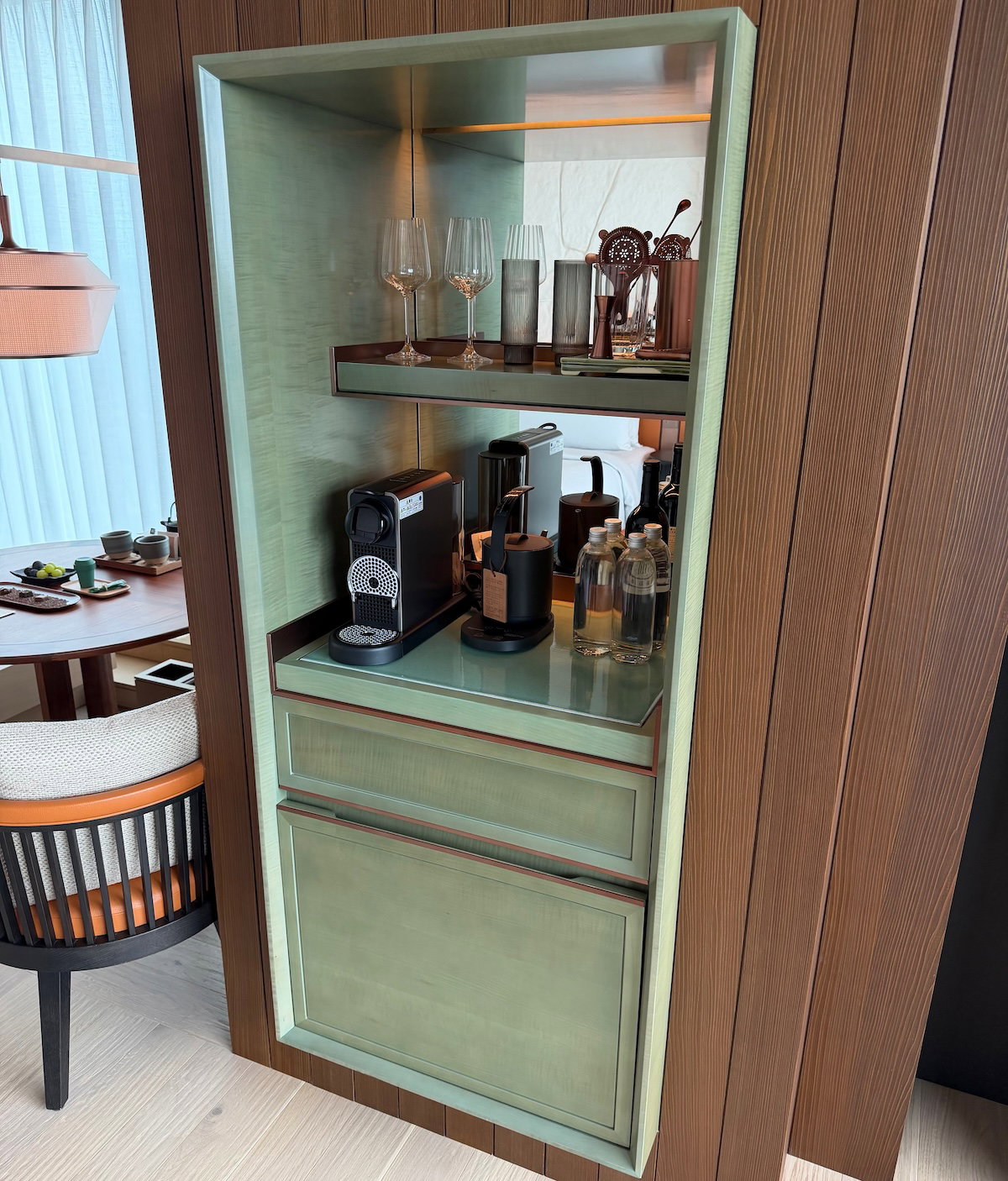 Minibar with Nespresso machine and tea kettle in the Patina Osaka room