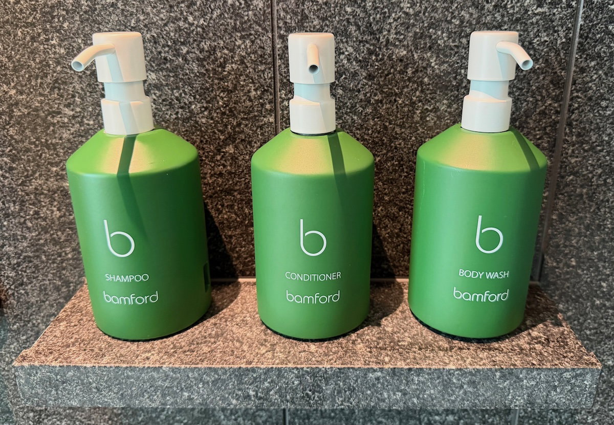 Bamford toiletries set out in the Patina Osaka guest room bathroom