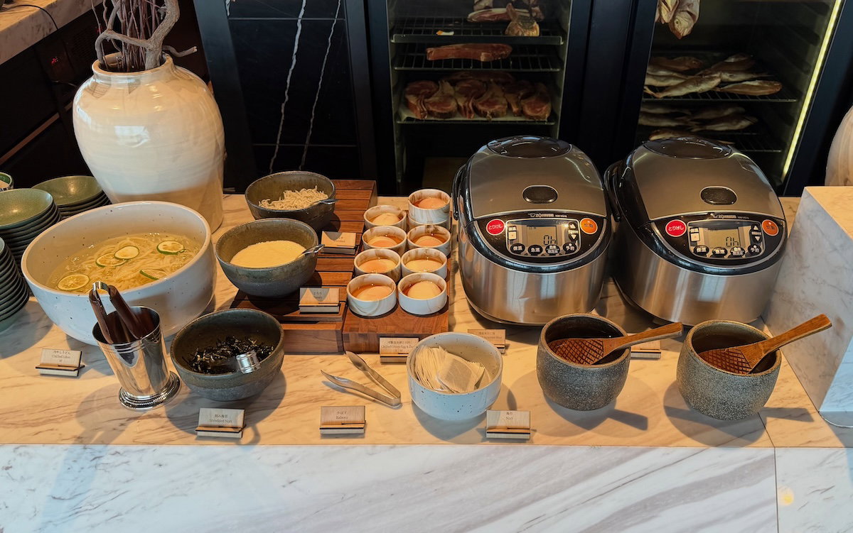 Fresh juices lined up at the Patina Osaka breakfast buffet