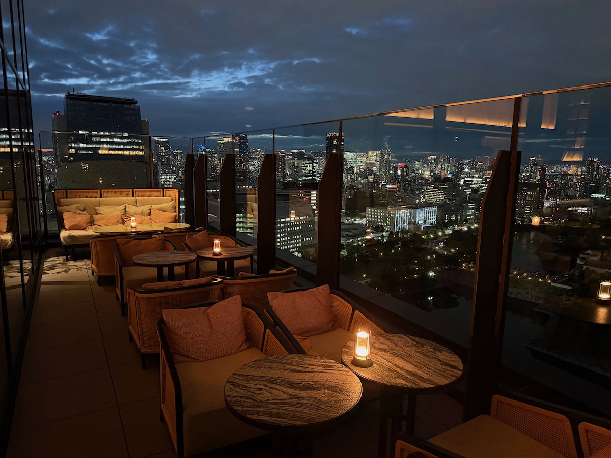 Evening view of the Sonata Bar & Lounge at Patina Osaka, including its terrace seating