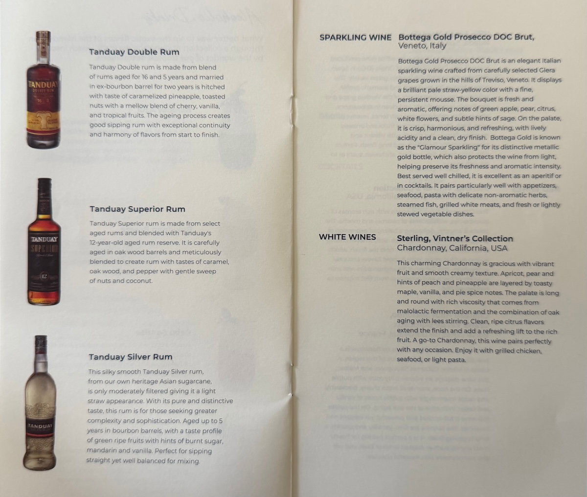 Philippine Airlines business class drink list, second page