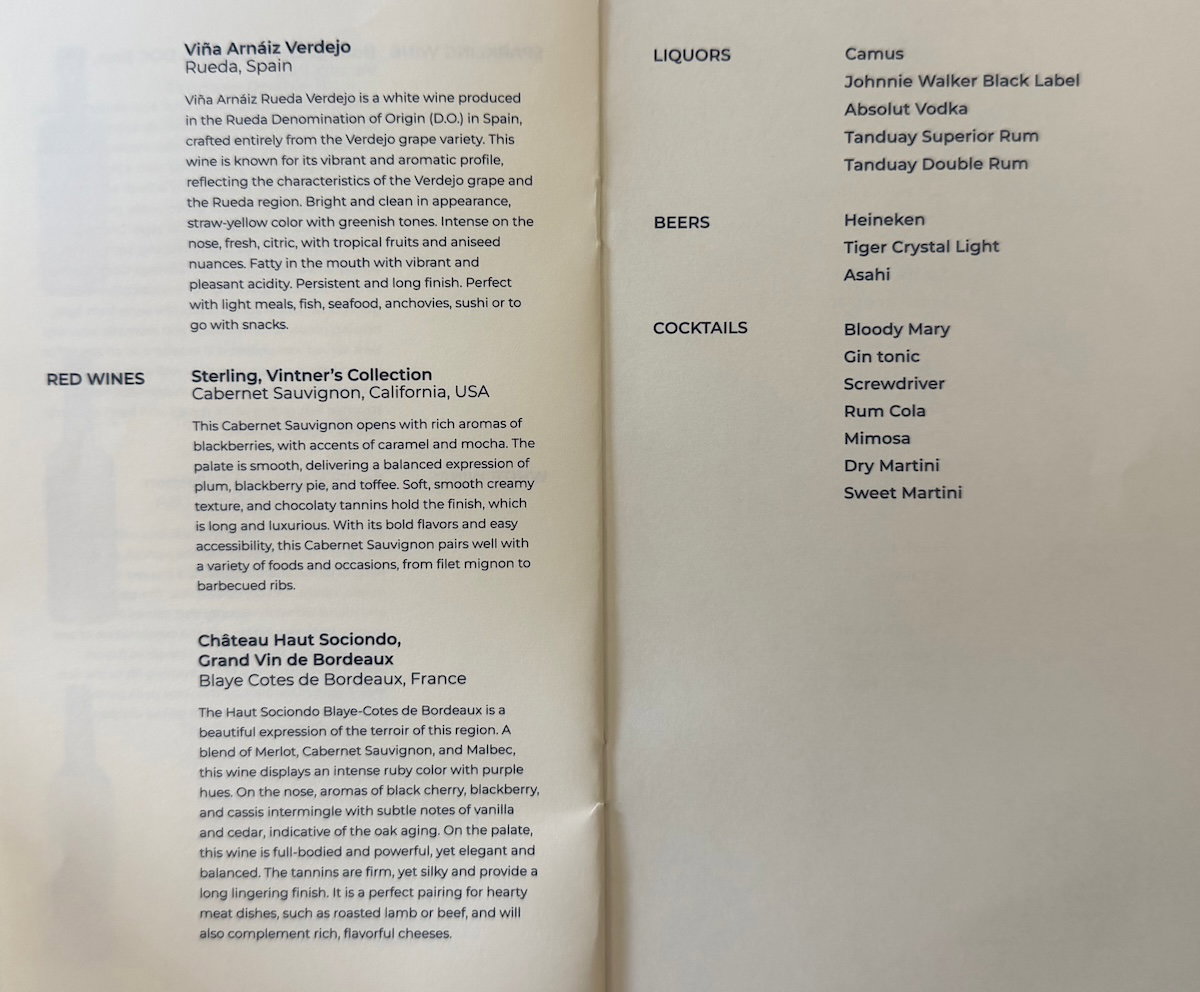 Philippine Airlines business class drink list, third page