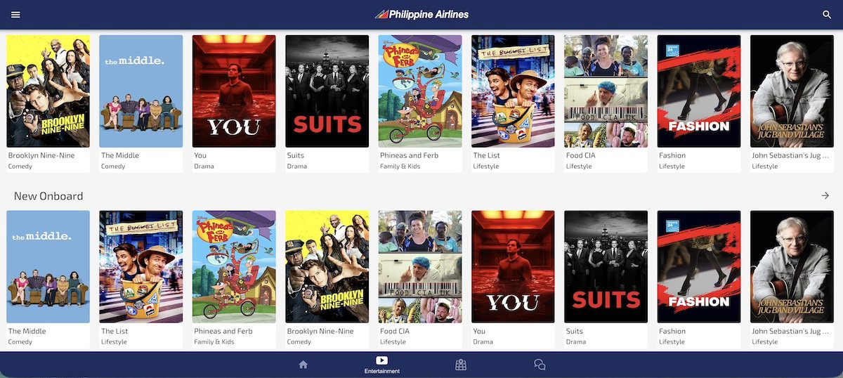 Streaming entertainment categories on a Philippine Airlines A330 shown on a device
