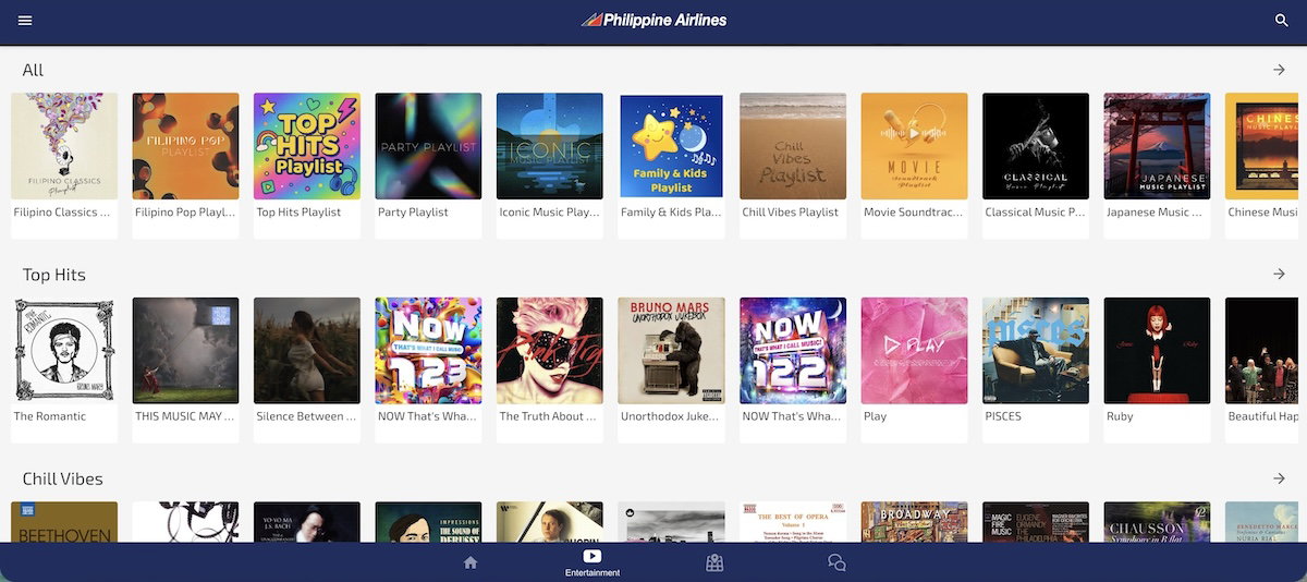 Movie and TV listings in the Philippine Airlines A330 streaming entertainment system