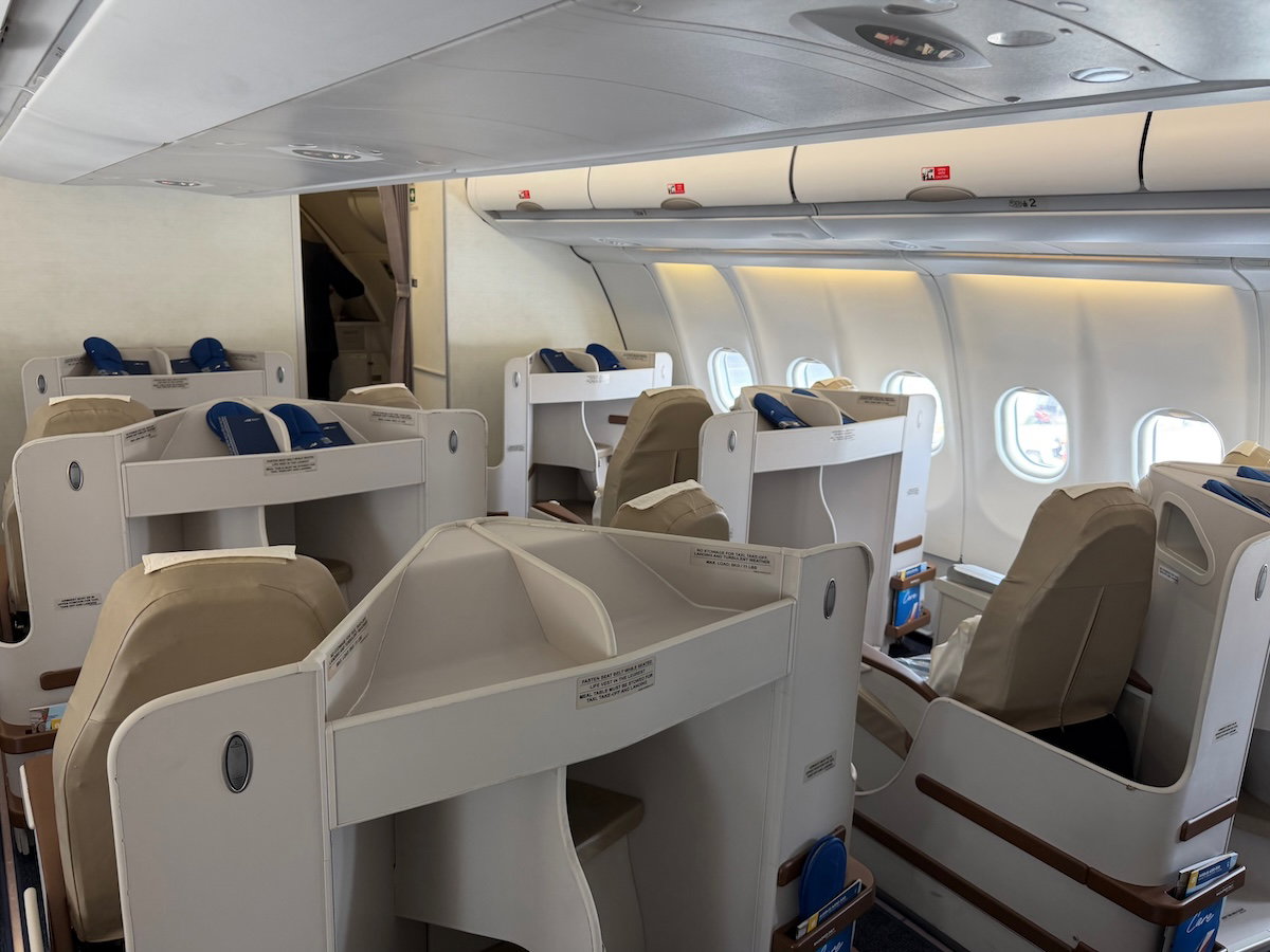 Thin, minimally padded business class seats on a Philippine Airlines A330