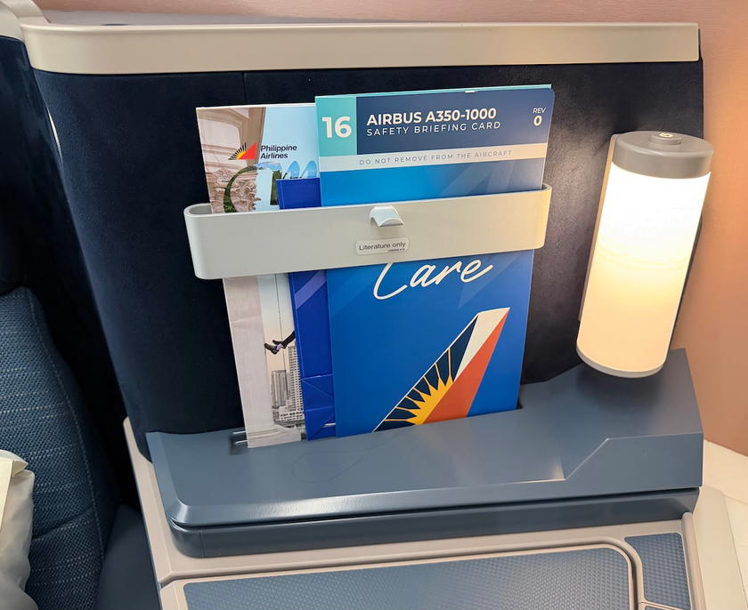 Literature pocket and adjustable reading lamp at the back of the seat console