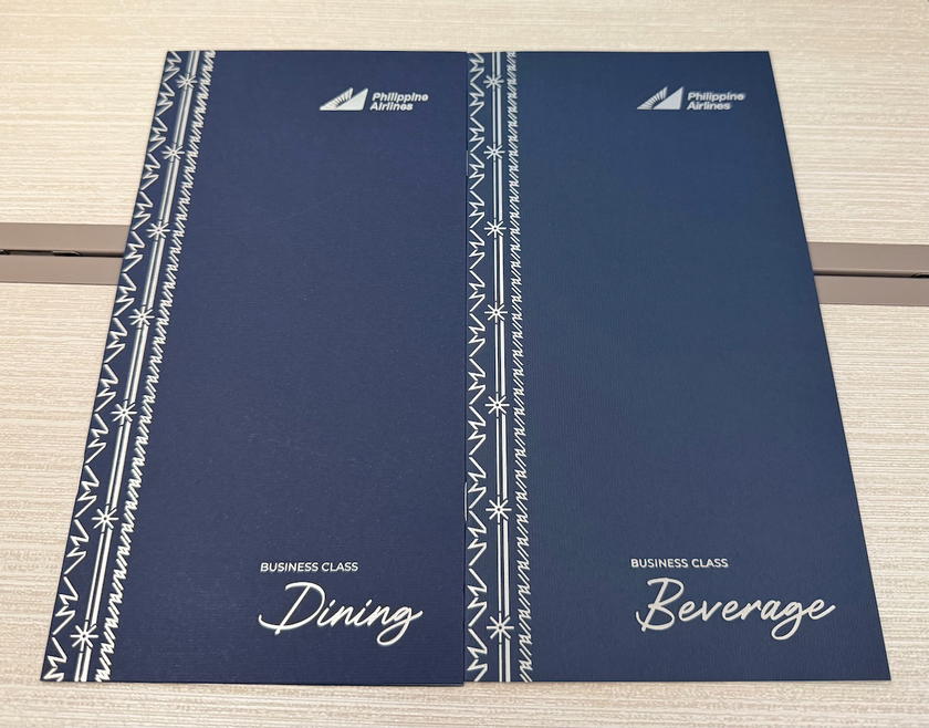 Menu and drink list at the Philippine Airlines business class seat