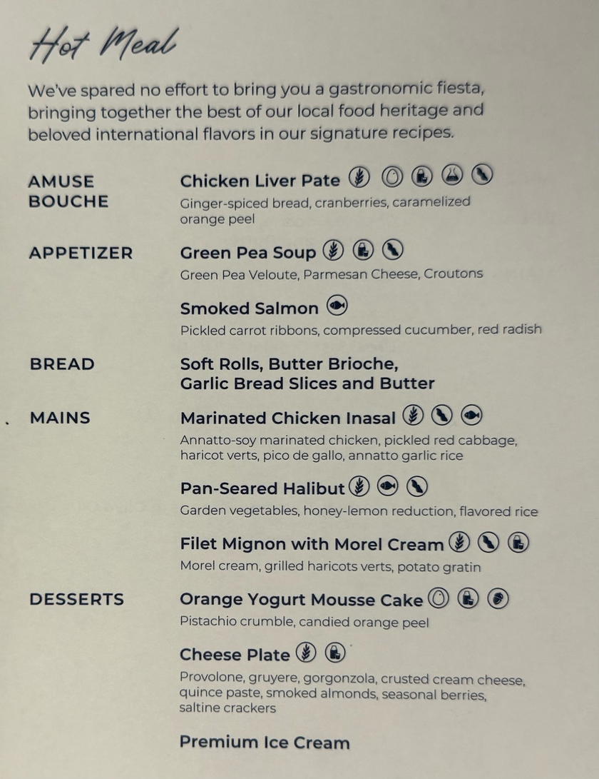 Philippine Airlines business class dinner menu