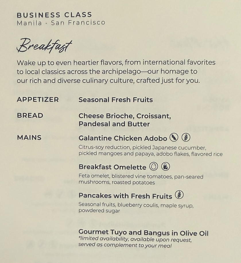 Philippine Airlines business class breakfast menu