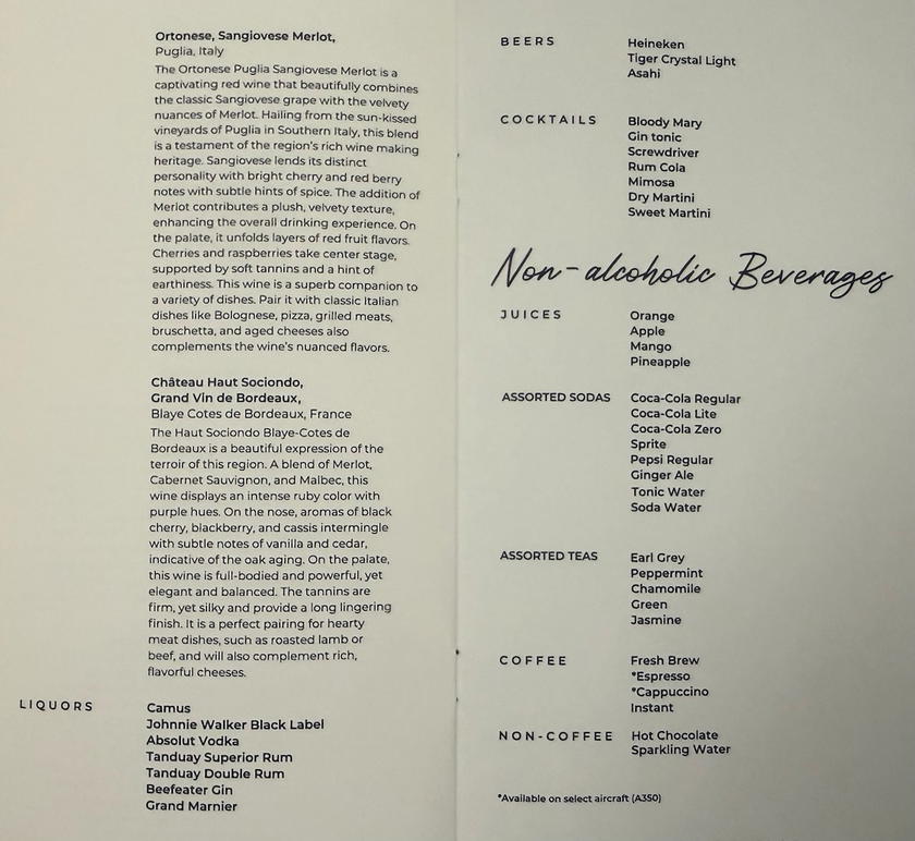 Philippine Airlines business class drink list showing beverage options