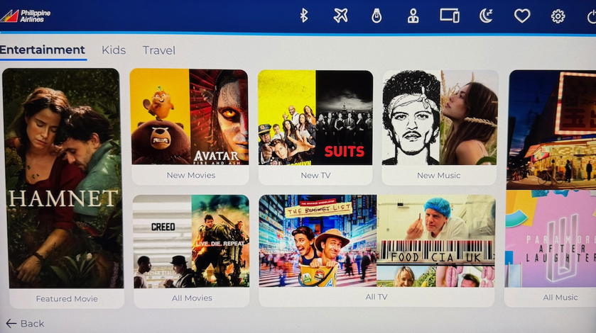 Inflight entertainment home screen on the Philippine Airlines A350