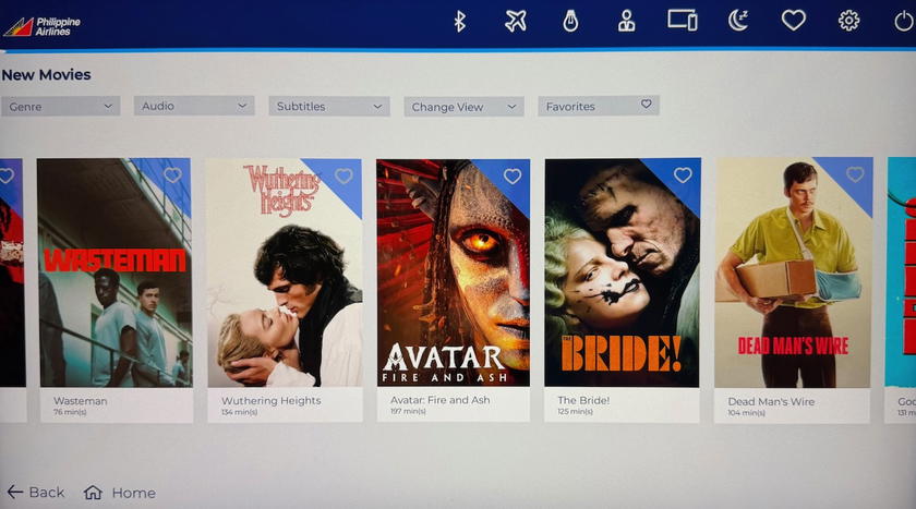 Movie selection menu on the Philippine Airlines business class entertainment system