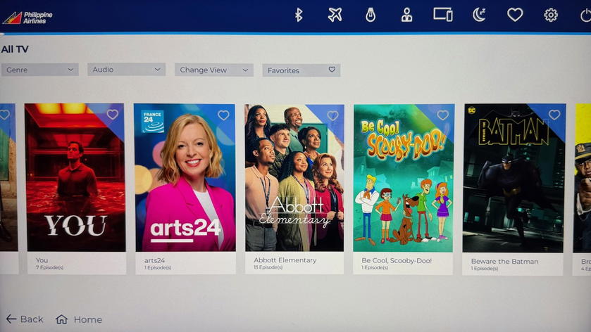 TV show and audio options on the Philippine Airlines entertainment screen