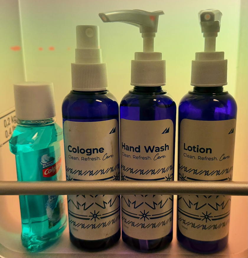 Philippine Airlines branded hand soap and lotion in the business class lavatory