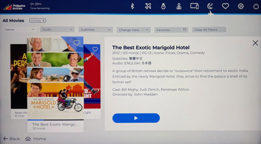 Screen playing the movie The Best Exotic Marigold Hotel on the seatback monitor