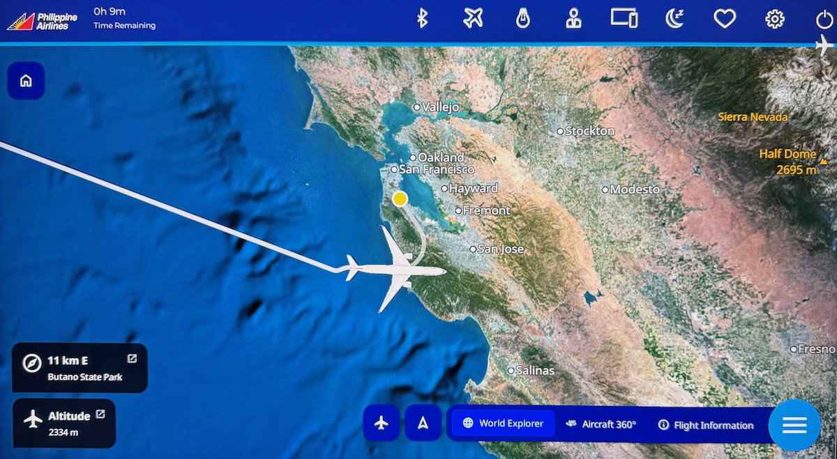 Seatback screen showing the flight map as the Philippine Airlines A350 nears San Francisco
