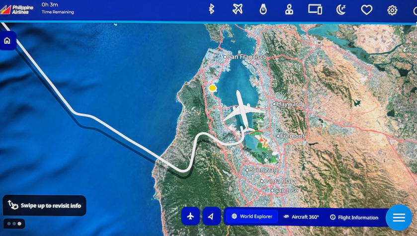 Flight map display on the Philippine Airlines A350 entertainment system showing remaining flight time