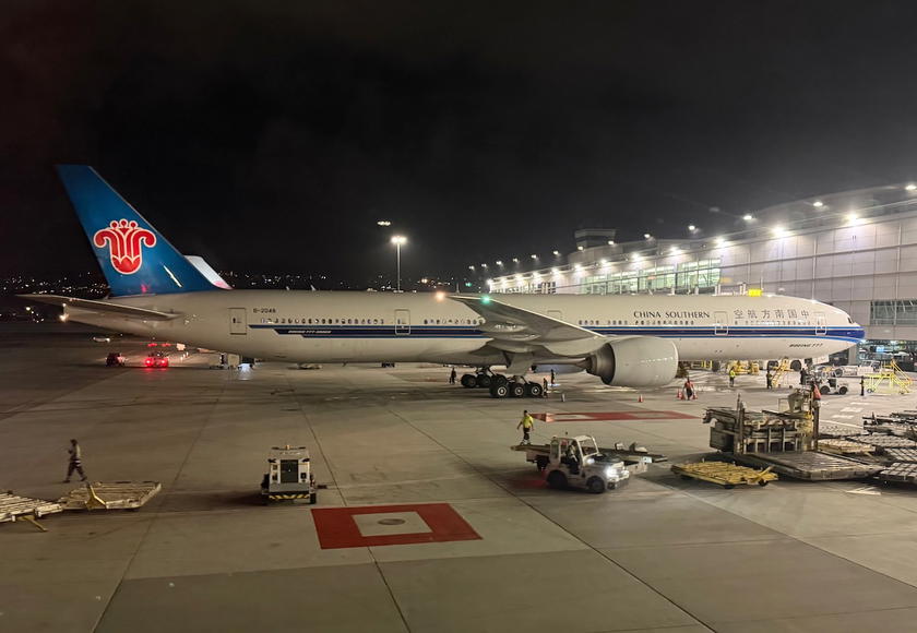 China Southern Boeing 777 parked at a gate at San Francisco Airport