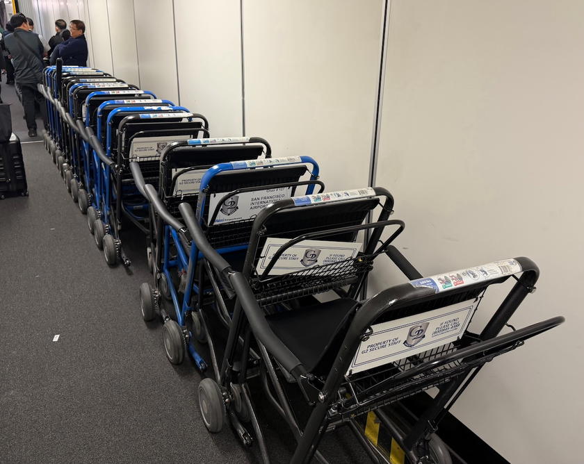 Wheelchairs lined up for passengers from the Philippine Airlines flight at San Francisco Airport