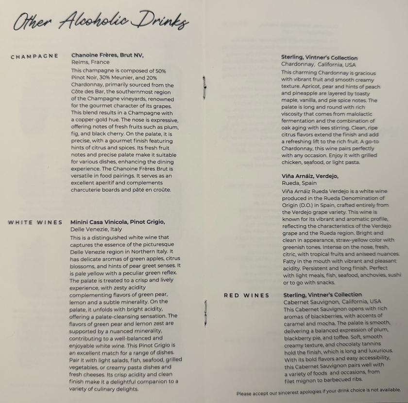 Philippine Airlines business class drink list, additional page