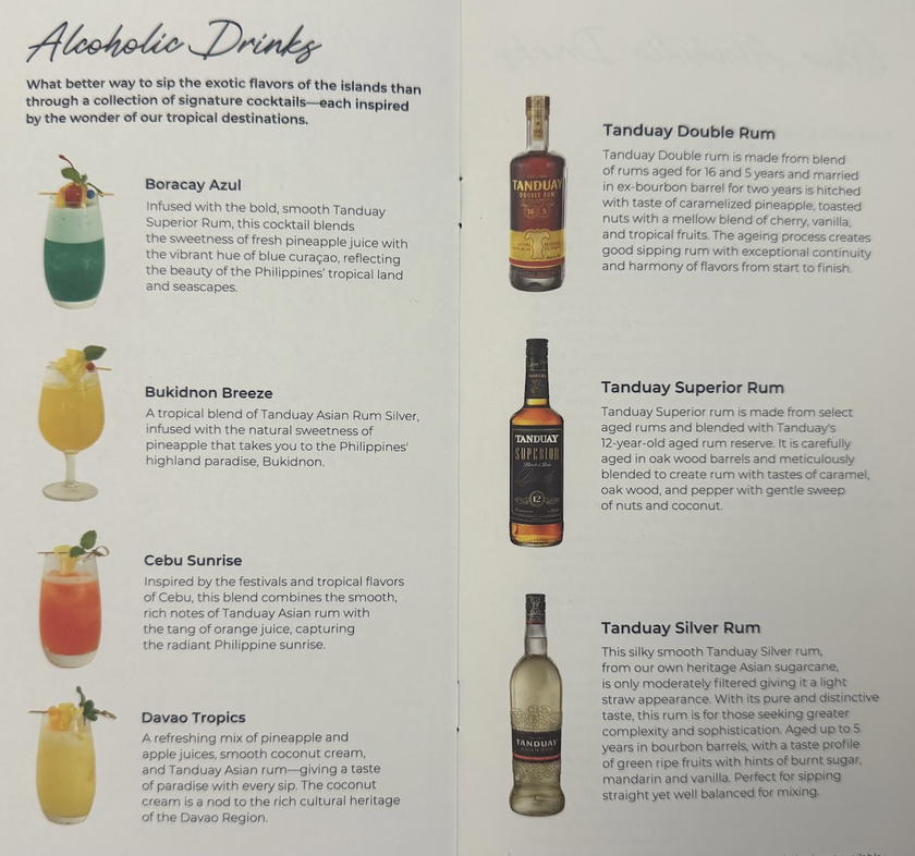 Philippine Airlines business class drink list, first page