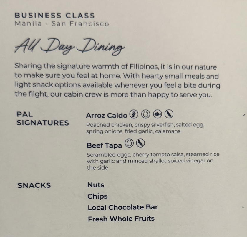Philippine Airlines business class snack menu