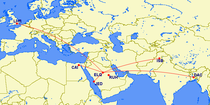 Route map of Riyadh Air's initial flights to Cairo, Dhaka, Jeddah, London Heathrow, Lahore and Islamabad