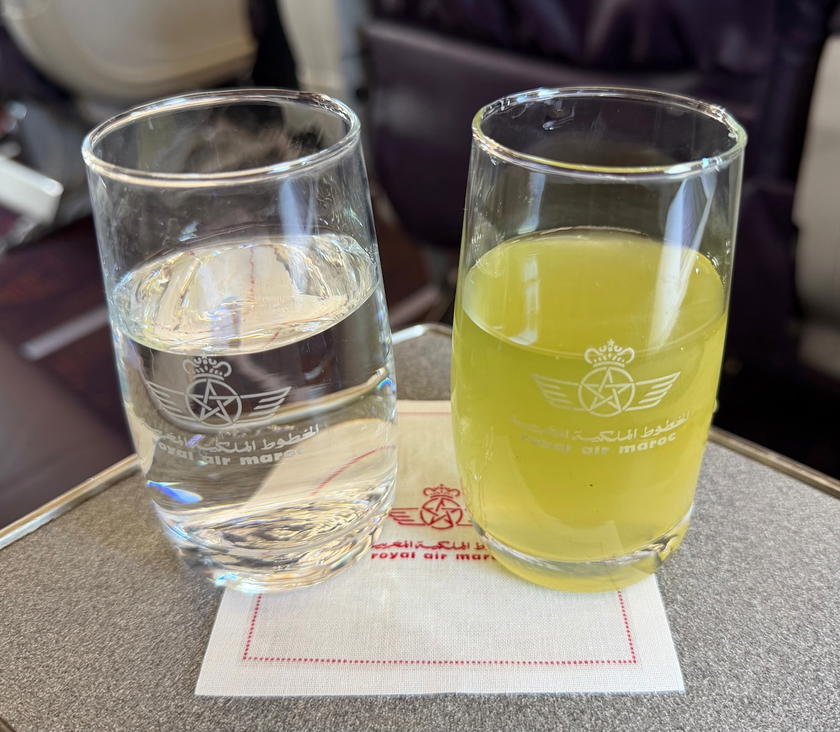 A pre-departure drink served in Royal Air Maroc business class before takeoff