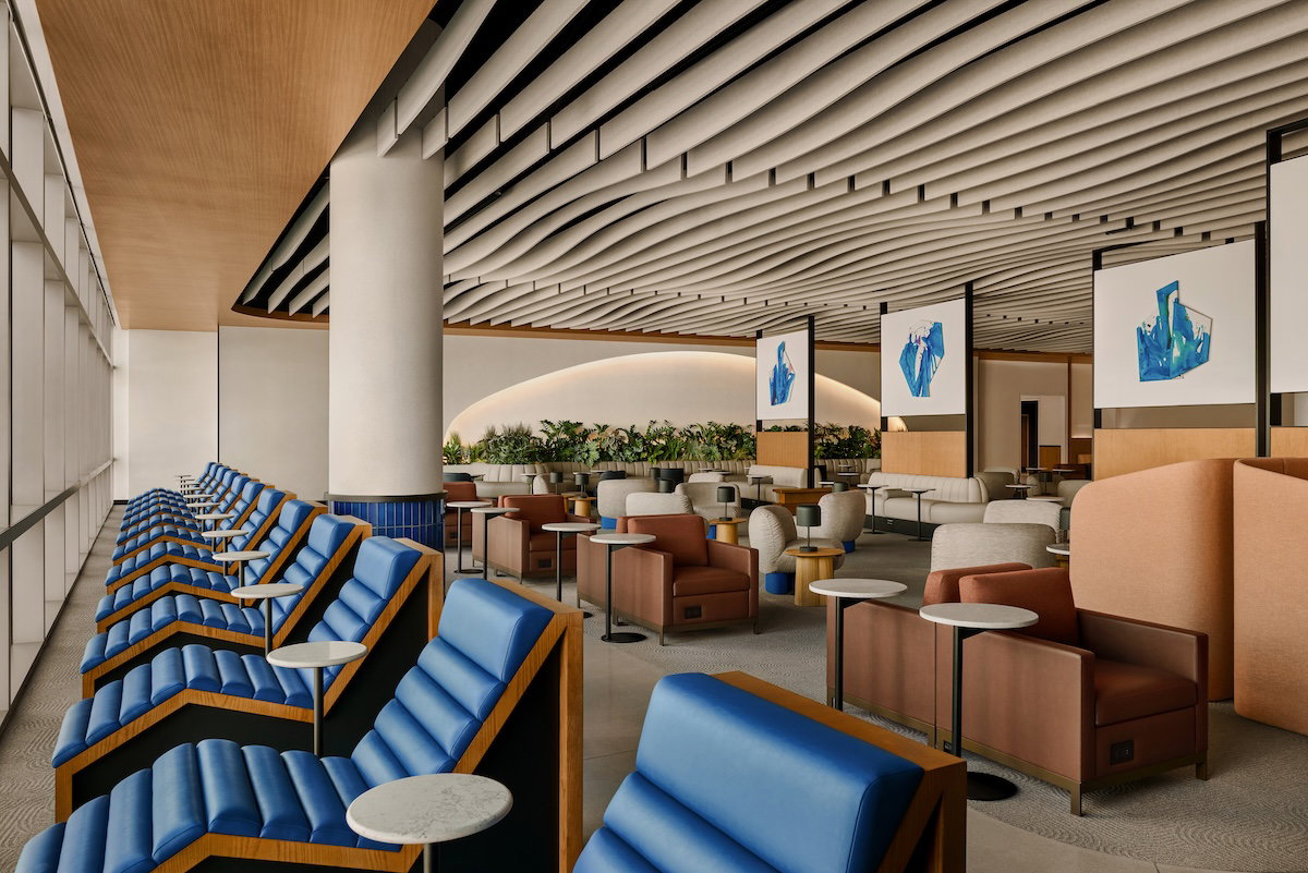 Seating area inside the new United Club Houston