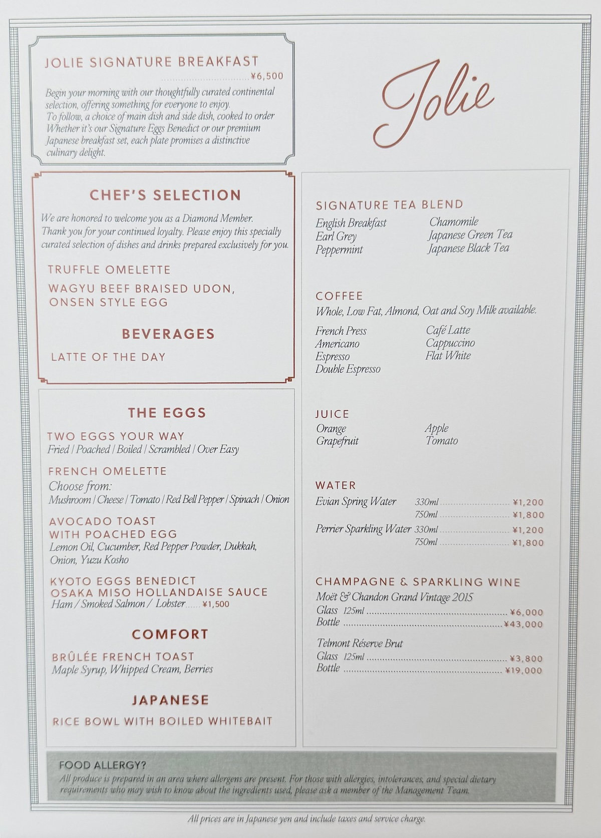 Breakfast menu at Jolie Brasserie with the Hilton Diamond chef's selection