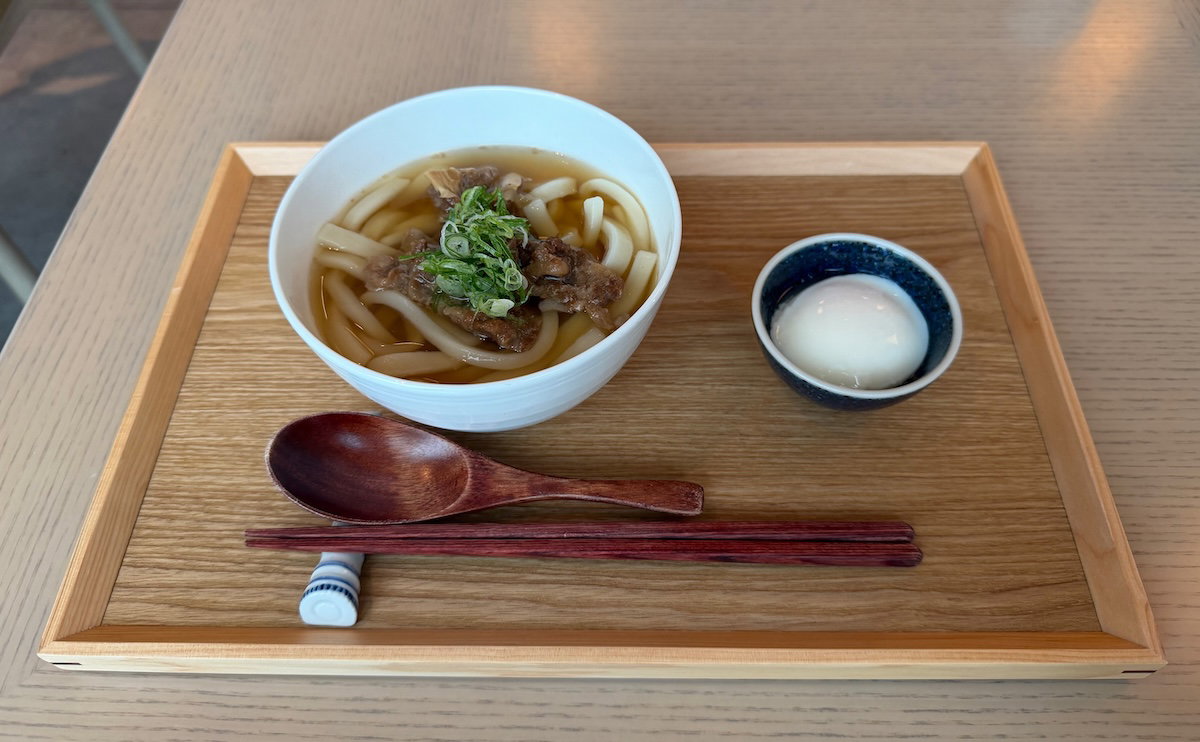 Wagyu beef braised udon topped with an onsen-style egg, served at breakfast