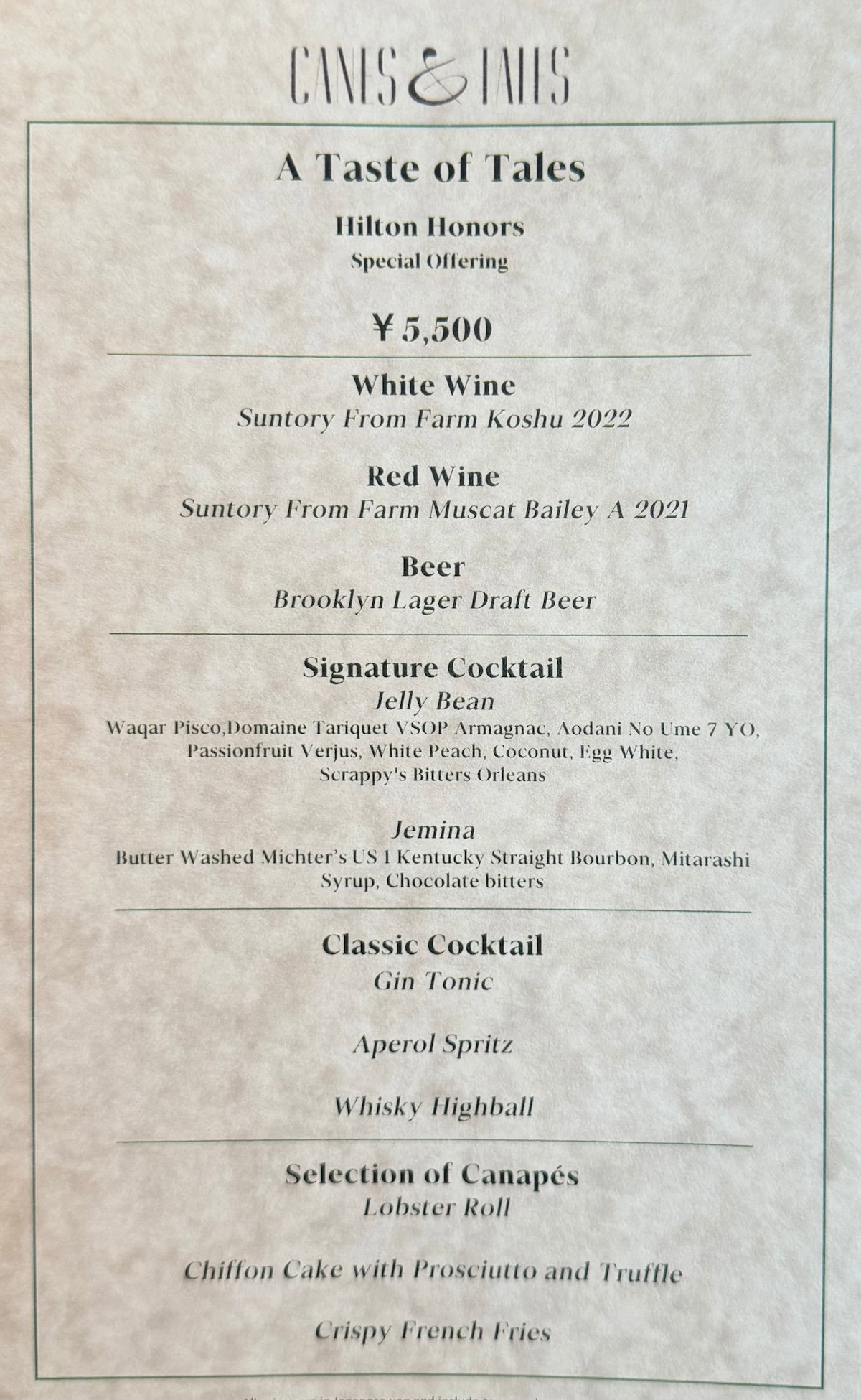 Hilton Diamond happy hour offer at Canes & Tales with drinks and canap&eacute;s