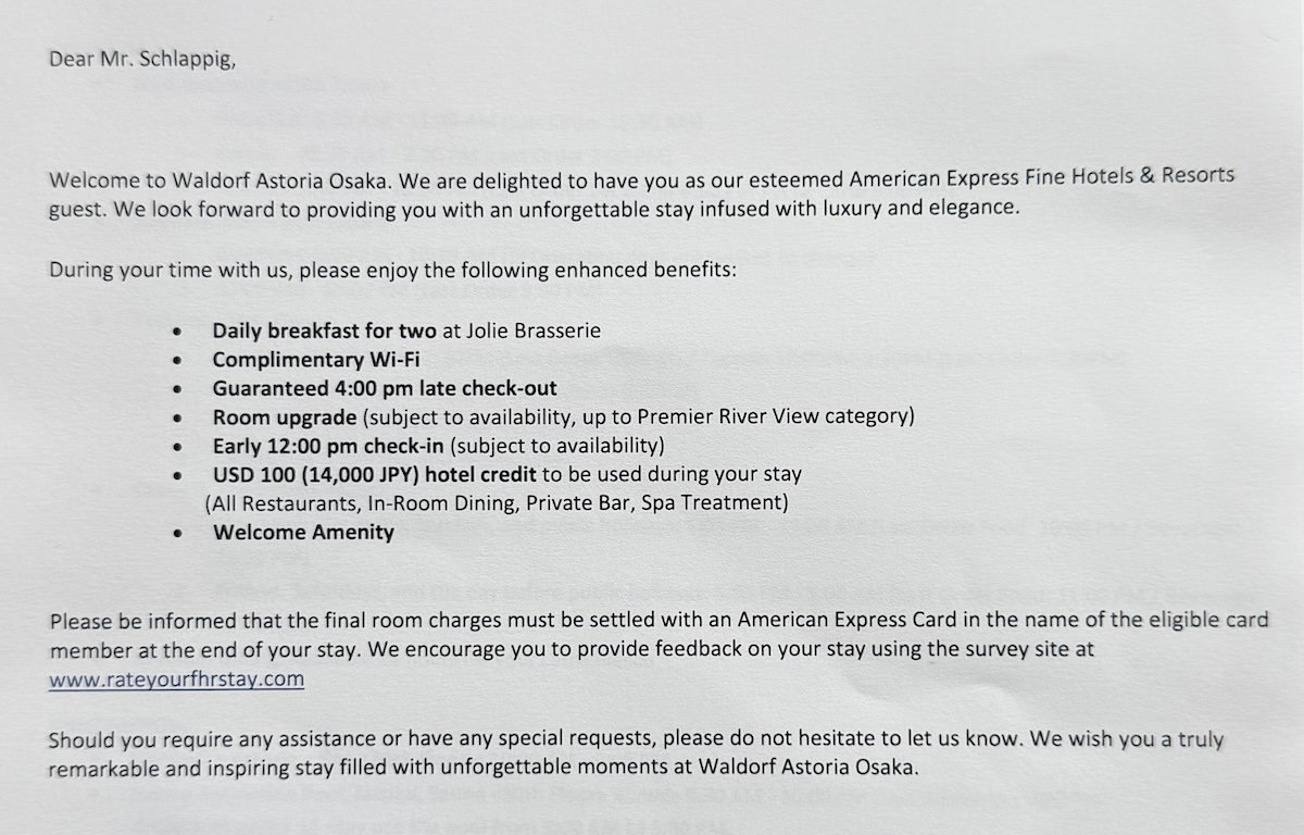 Welcome letter from the Waldorf Astoria Osaka
