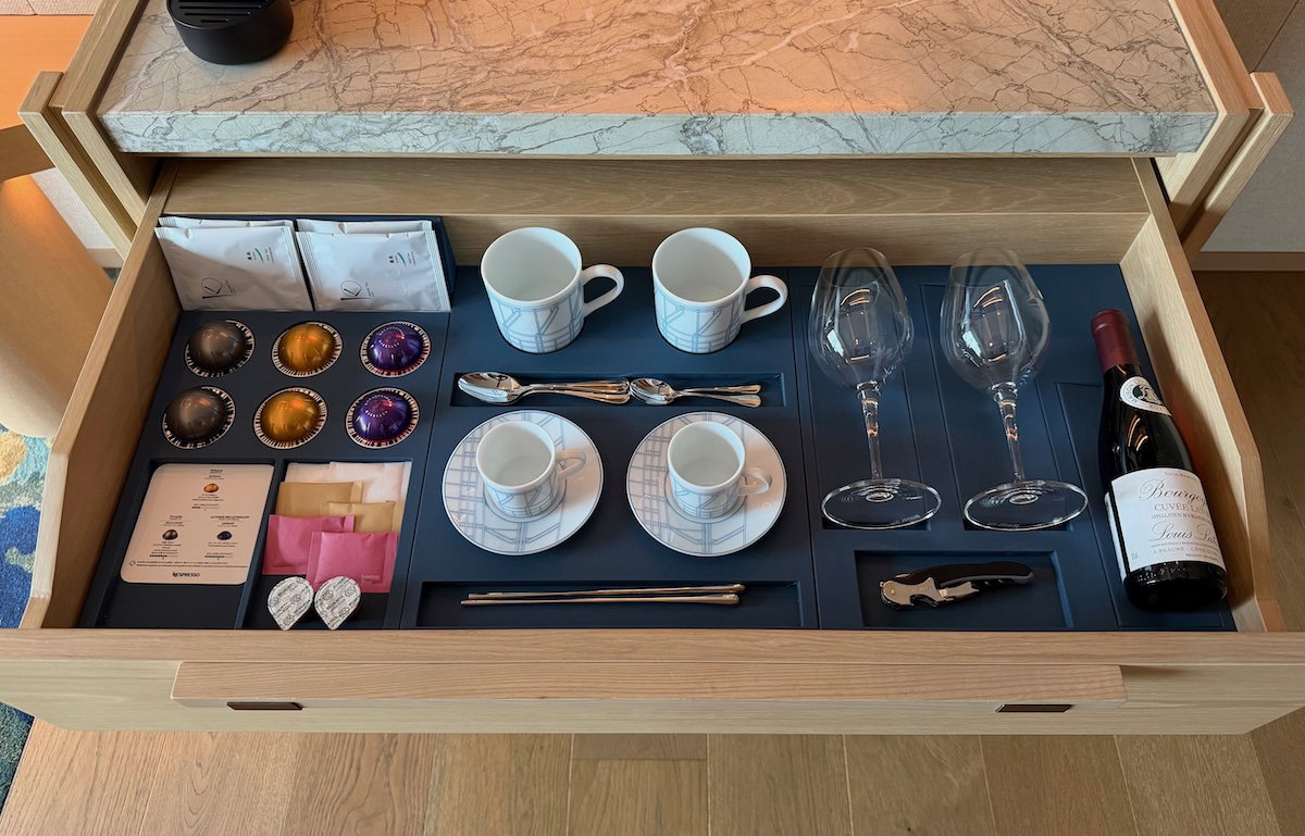 Drinks and snacks stocked in the suite minibar