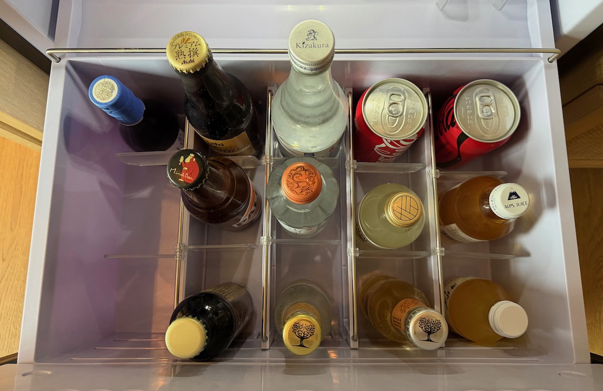 Minibar items and glassware in the suite at the Waldorf Astoria Osaka