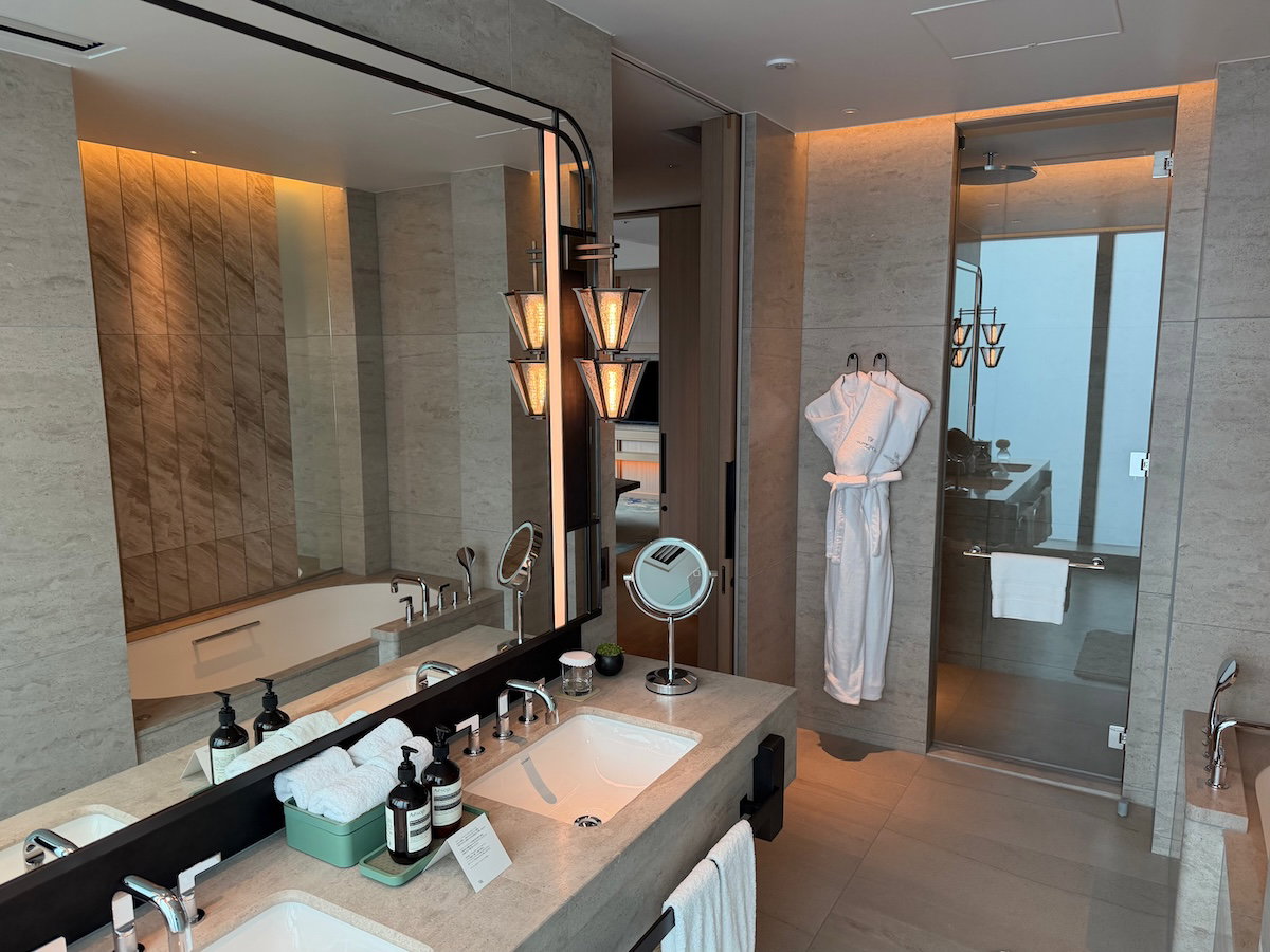 Primary bathroom in the Waldorf Astoria Osaka suite with double sinks