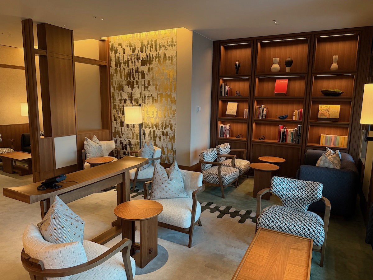 Seating and bookshelves in the Waldorf Astoria Osaka library