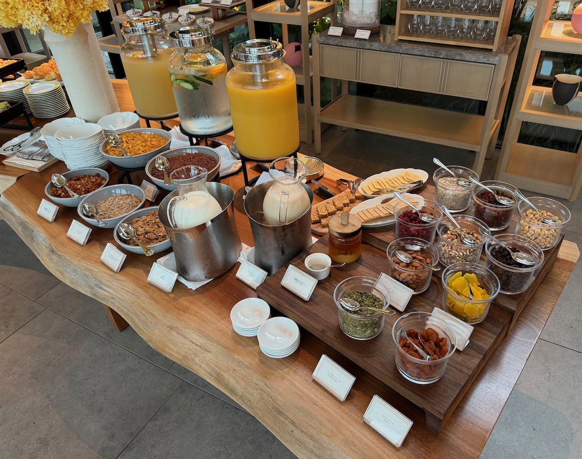 Buffet station near the kitchen at Jolie Brasserie with breakfast dishes laid out