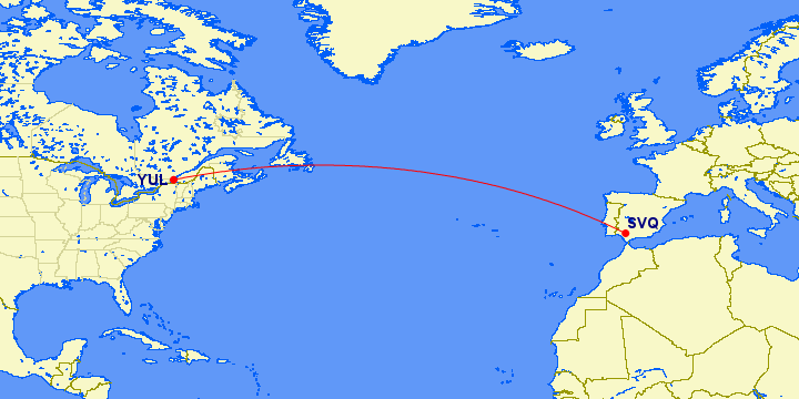 Route map showing Air Canada's new flight path from Montreal to Seville, Spain