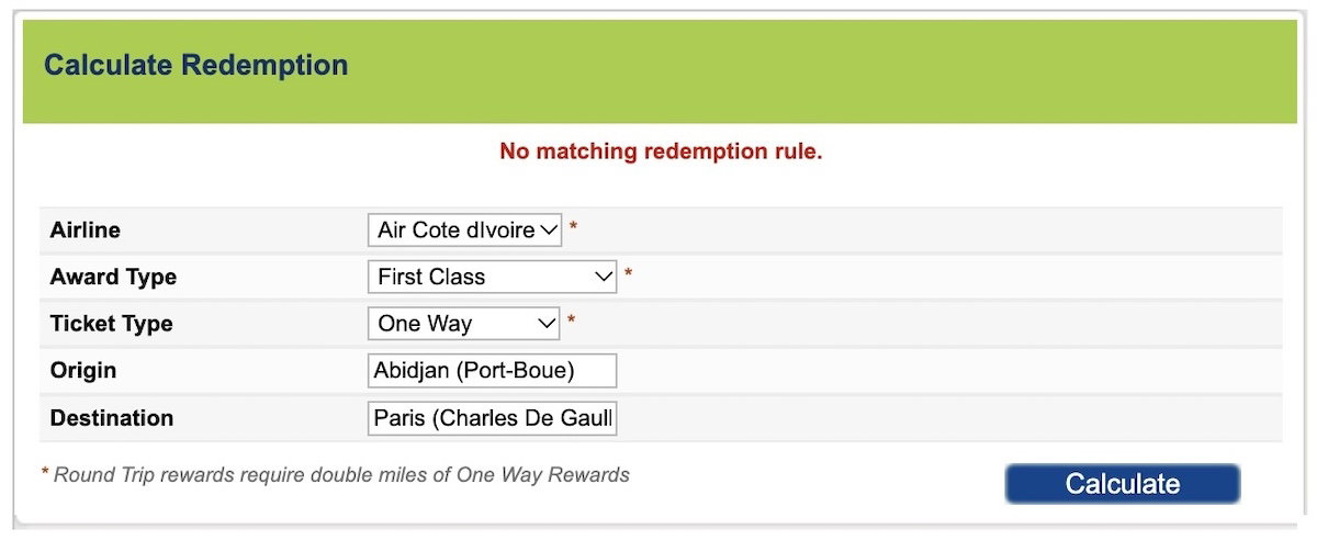 Air Côte d’Ivoire award redemption calculator showing "no matching redemption rule" for first class