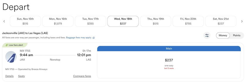 Breeze Airways flight ticket listing shown on the Alaska Airlines website