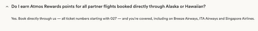 Alaska Airlines website showing Atmos Rewards points earned on a Breeze Airways flight